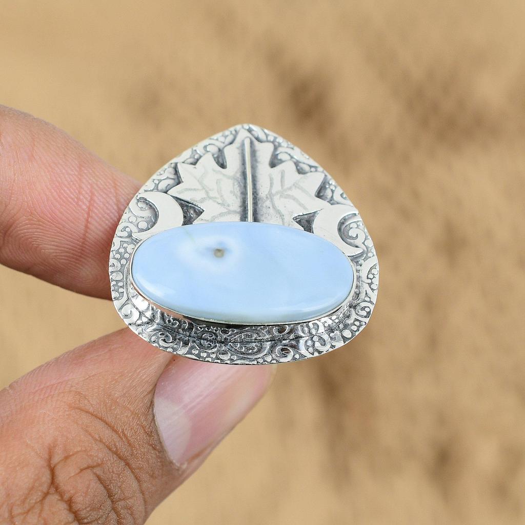 Natural Owyhee Blue Opal Promise Cresent Moon Adjustable Ring 925 Silver
