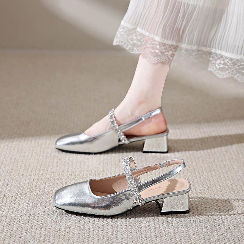 Coarse-heeled Baotou Temperament 2025 Summer Air New Rhinestone Square Head White Sandals Women's Heel Mary Jane Cool Single Shoes