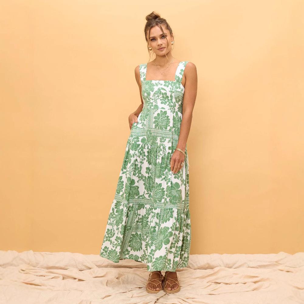 

Женское платье макси на тонких бретельках с цветочным принтом, летнее, бохо-шик, пляжная накидка S зелёный