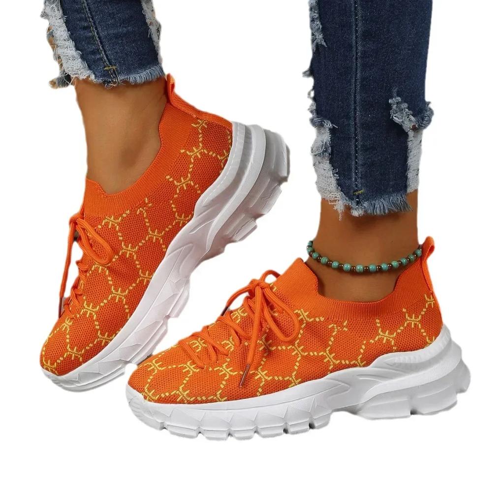 Fashion Women's Mesh Knitting Flat Shoes Lace-up Round Toe Breathable Sneakers Women Autumn Soft Sole Footwear Woman Wedge Sport Shoes