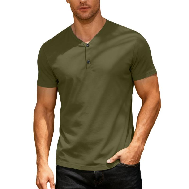Men Henley Neck Short Sleeve Slim Fit Solid Color Casual Multiple Color Options T Shirt
