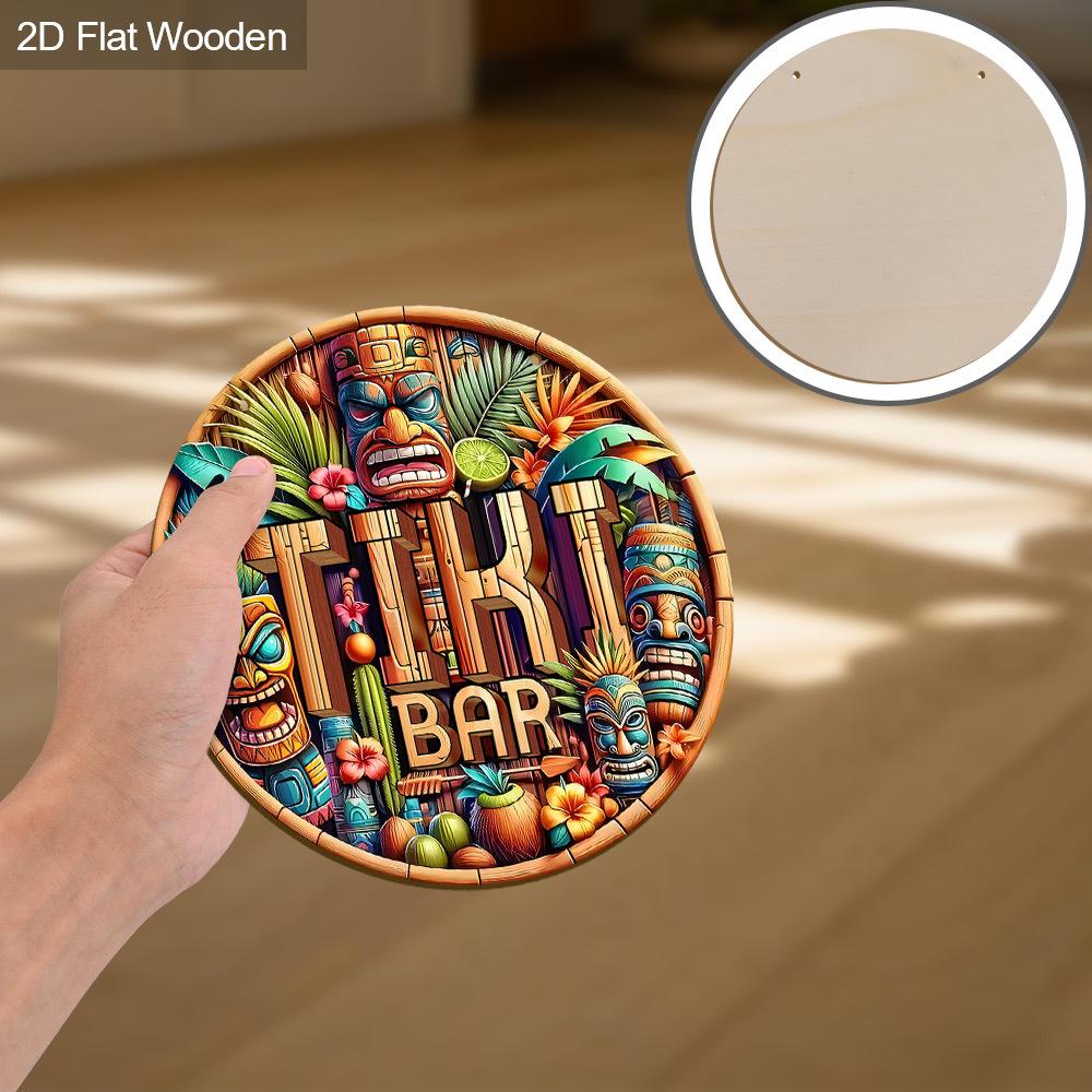 Tiki Bar Sign, Wooden Printed Tiki Decor Round Signs, Outdoor Signage with Tiki Statue