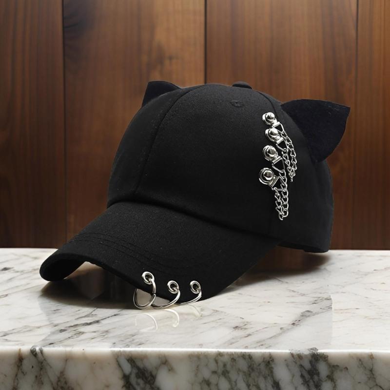 Women Modern Kitten Ears Baseball Hat with Metal Charm for Girls Women Versatile Kitten Ears Adjustable Hat Cats Ear
