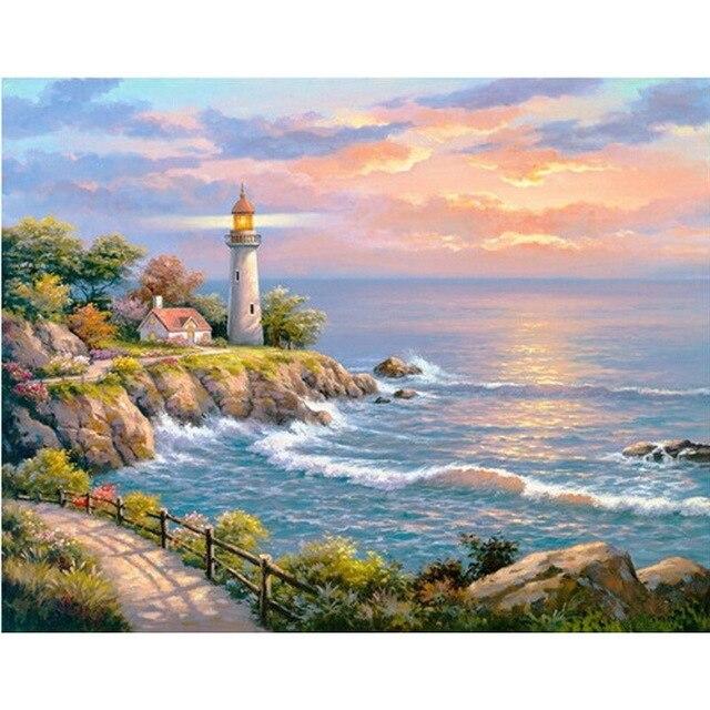 DIY 5D Diamond Painting Cross Stitch Sea Scenery House Full Round Drill Landscape Diamond Embroidery Mosaic Art Home Decor Gift
