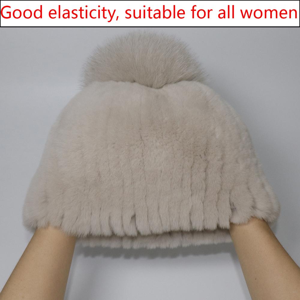 Winter Women Luxuryt Rex Rabbit Fur Hat With Fox Fur Pompoms Natural Warm Fur Hats Girls Knitted Fluffy Real Rex Rabbit Fur Caps
