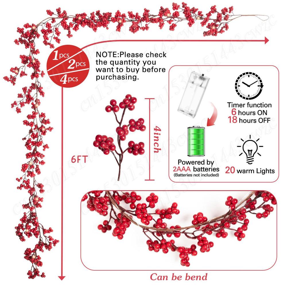 Artificial Red Berry Garland Christmas Decor Anti-scratch Xmas Wreath Easy Setup New Year Party Outdoor Winter Wall Ornaments