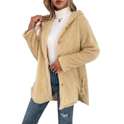Autumn and Winter Women's Buttoned Plush Irregular Solid Color Hooded Jacket