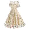 Women Evening Dress Double-layer Flower Embroidery Mesh A-line Big Swing Short Sleeves O Neck Back Zipper Closure Prom Party Midi Dress