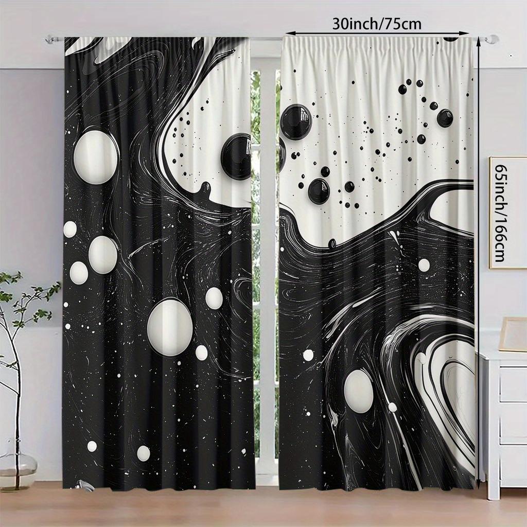 2Pcs Art Deco Black And White Ink Pattern Printed Curtains, Light-Filtering Rod Pocket Peach Skin Velvet Drapes, Machine Washabl