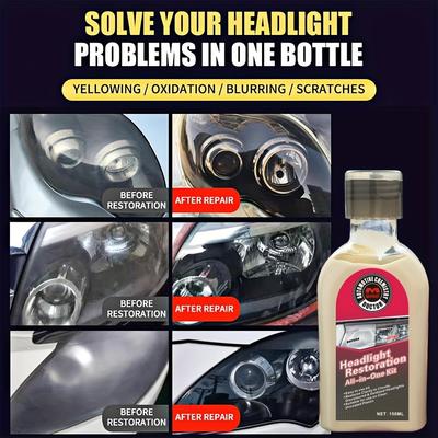 Car Headlight Restoration Solution - Removes Yellowing, Scratches & Fog, Enhances Brightness with Crystal Coating
