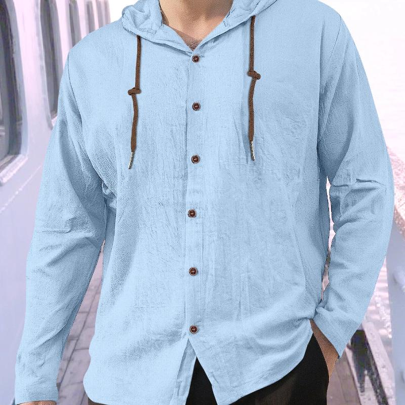 Spring and Summer Long Sleeve Men's Casual Shirt European Style Hooded Top Button Loose Shirt