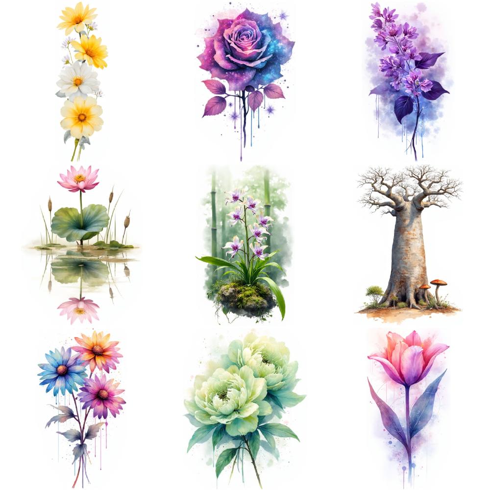 9pcs Temporary Tattoo Waterproof Long-lasting Body Stickers Sunflower Tulip Orchid For Chest Ladies Cheeks