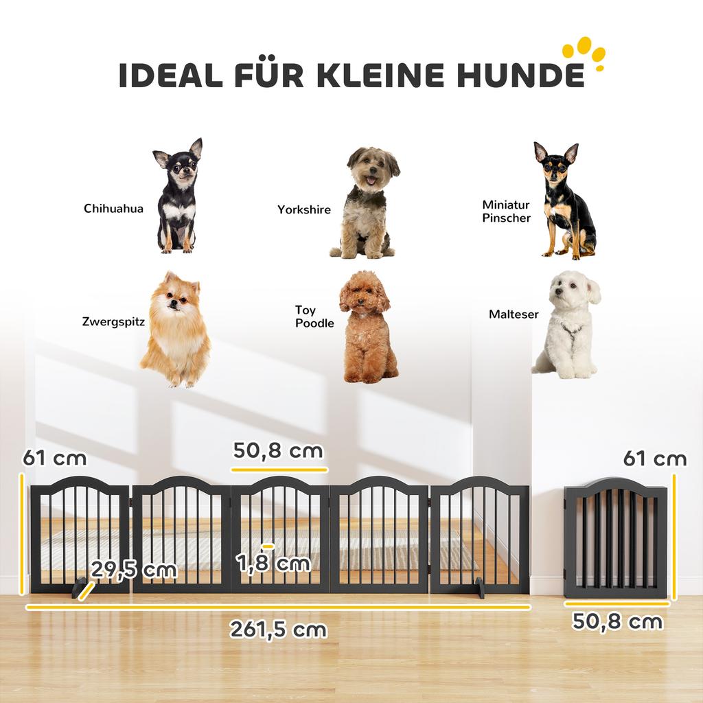 Dog Gate, Freestanding Barrier Gate with Feet, Foldable Dog Gate, 5 Panels, 261.5 x 29.5 x 61 cm, Black