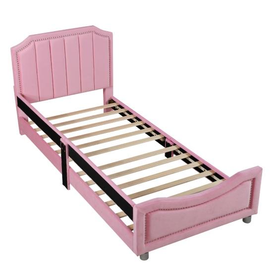 Teen Bed Children Bed, Upholstered 90x200cm Sofa Frame Flannel Multifunctional Soft with Backrest Armrest Parent-Child Youth Guest Pink