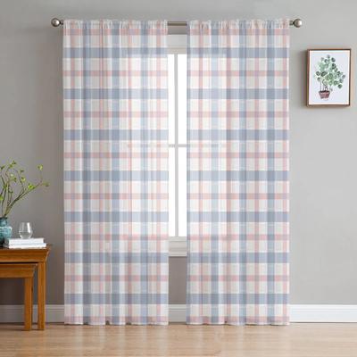 Cortinas Voile Transparentes con Tejido Geométrico a Cuadros para Ventana de Salón, Cortina de Tul Chifón para Cocina, Dormitorio, Cortinas Decoración Hogar