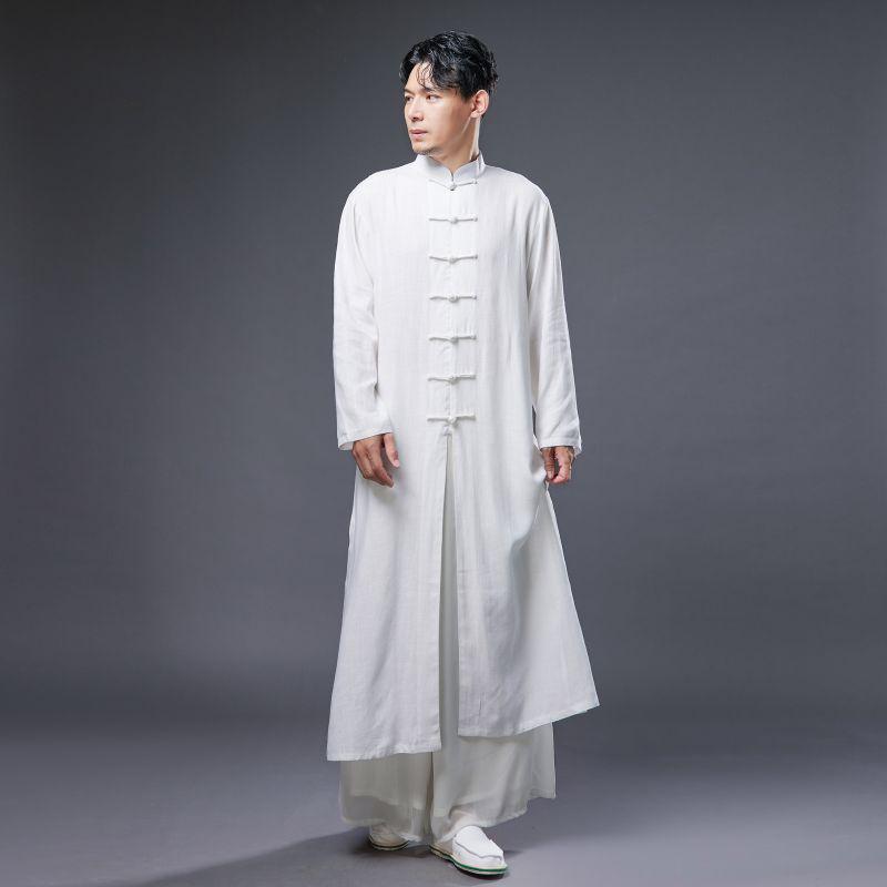 Men's Ethnic Long Sleeve Cotton Linen Robe with Stand Collar and Frog Buttons