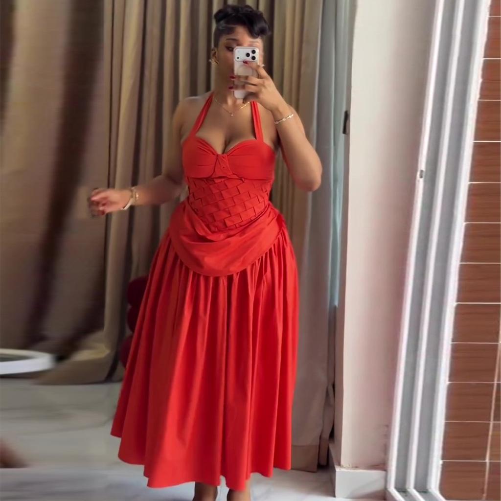 European and American women's clothing summer new African sexy banquet neck high waist pleated dress