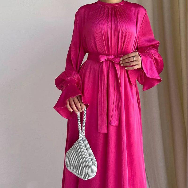 Dubai Elegant Satin Lantern Sleeve Lace-up Dress Satin Fashion Lace up Dress