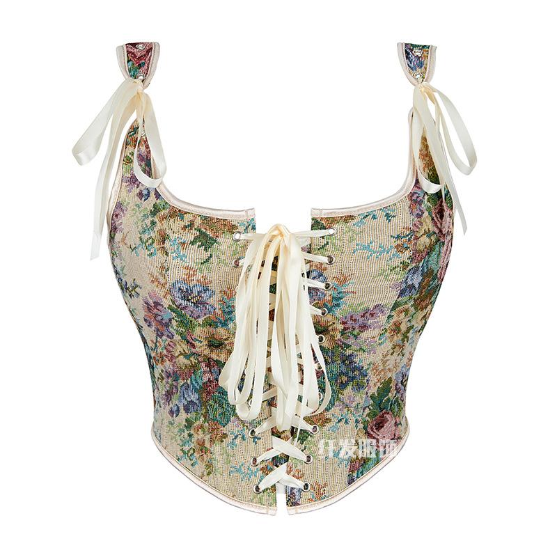 French Jacquard Palace Style Front Opening Strappy Boned Corset Shapewear Bustier