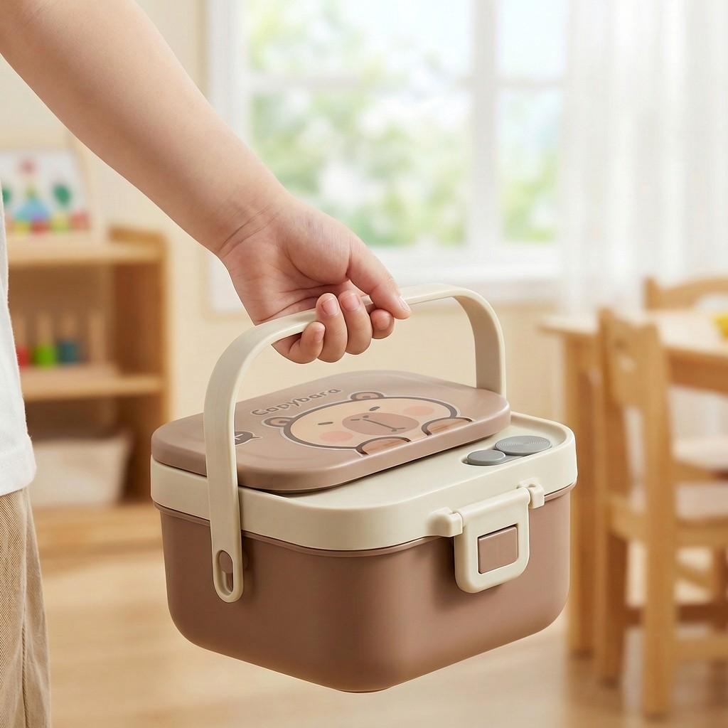 Quadratische 304 Edelstahl Bento Lunchbox mit Besteck & Griff Tragbarer Cartoon Obstsalat Lebensmittelbehälter für Kinder Schüler