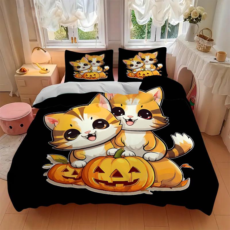 3pcs Two Kittens & Halloween Pumpkin Quilt Cover Set, Polyester Fabric, All-Season Comforter Set For 1 Quilt Cover & 2 Pillowcases