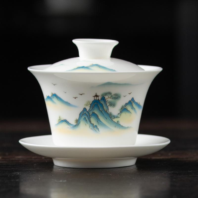 Light luxury imitation hand-painted suet jade porcelain Sancai cover bowl Kung Fu tea set single tea cup tea bowl pure handmade boutique