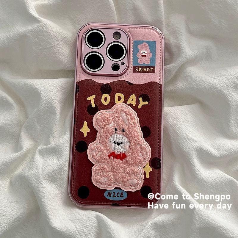 

Plush Embroidered Rabbit Bear iPhone 16 Case, Autumn/Winter Puffy Bag, Air Cushion, Cute Design iPhone 16 Plus