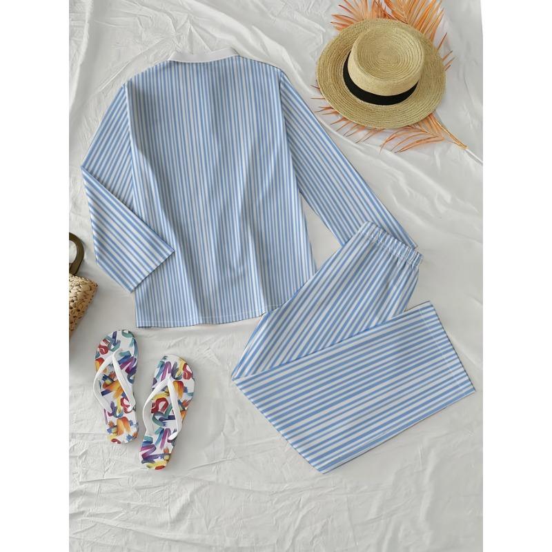 Fresh holiday style long-sleeved trousers suit women's blue and white striped shirt wide-leg pants two-piece set