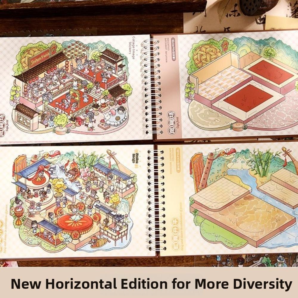 Cartoon Design Ancient-Style Stickers Cabin Scene Landscape Sticker Book Home Decor