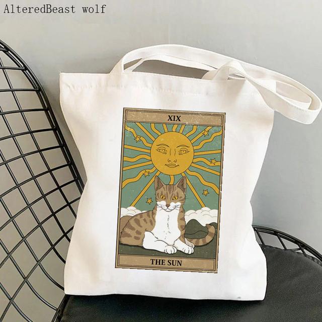 Dam Shopper bag katt Månen Tarot Tryckt Kawaii Väska Harajuku Shopping Canvas Shopper Bag flicka handväska Tote Axel Damväska