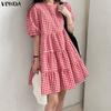 VONDA Women V Neck Puff Sleeve Plaid Print Ruffled Casual Loose Tunic Dress