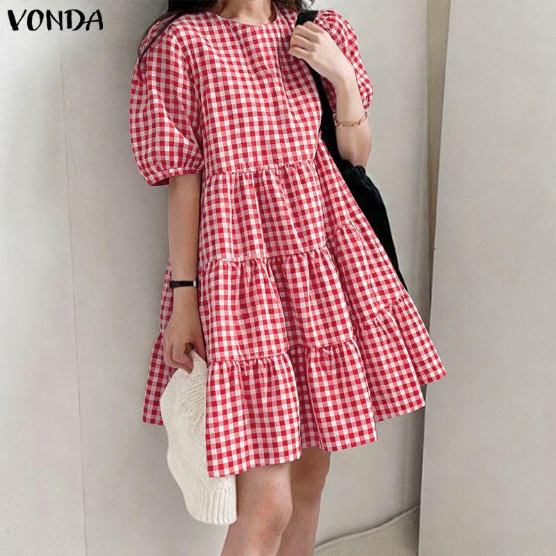 VONDA Women V Neck Puff Sleeve Plaid Print Ruffled Casual Loose Tunic Dress