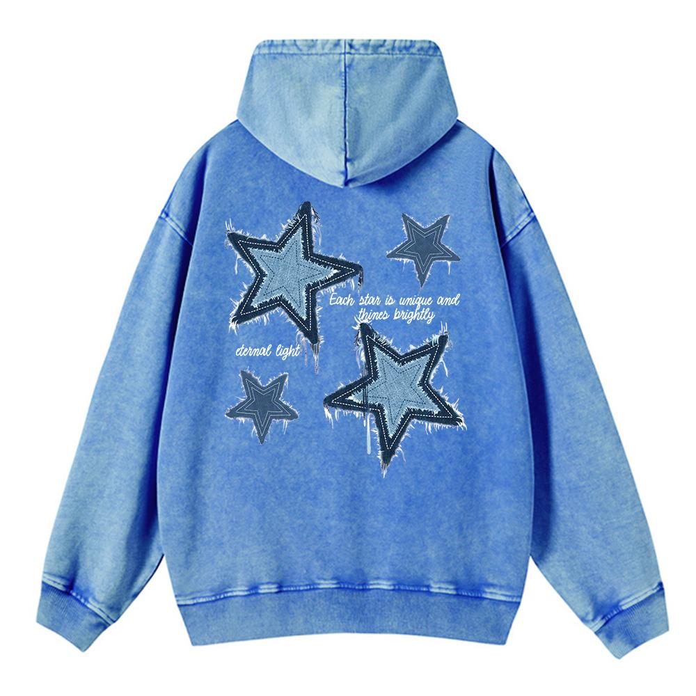 Übergroßer Damen-Wasch-Hoodie Imitat-Denim Sternmuster-Print Pullover Bequemer Warmer Baumwoll-Hoodie Freizeitkleidung