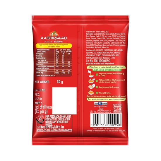 Aashirvaad Instant Sambar with Added Vegetables, Ready To Eat, Goodness of Dals, No Added Preservatives, Ready In 8 Minutes, 30g