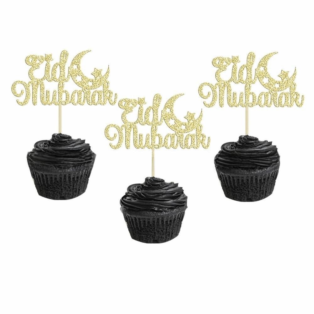 24PCS Decorative Cake Decorative Toppers Glitter Gold Eid Mubarak Baking Cake Flags Ramadan Mubarak Cupcake Topper