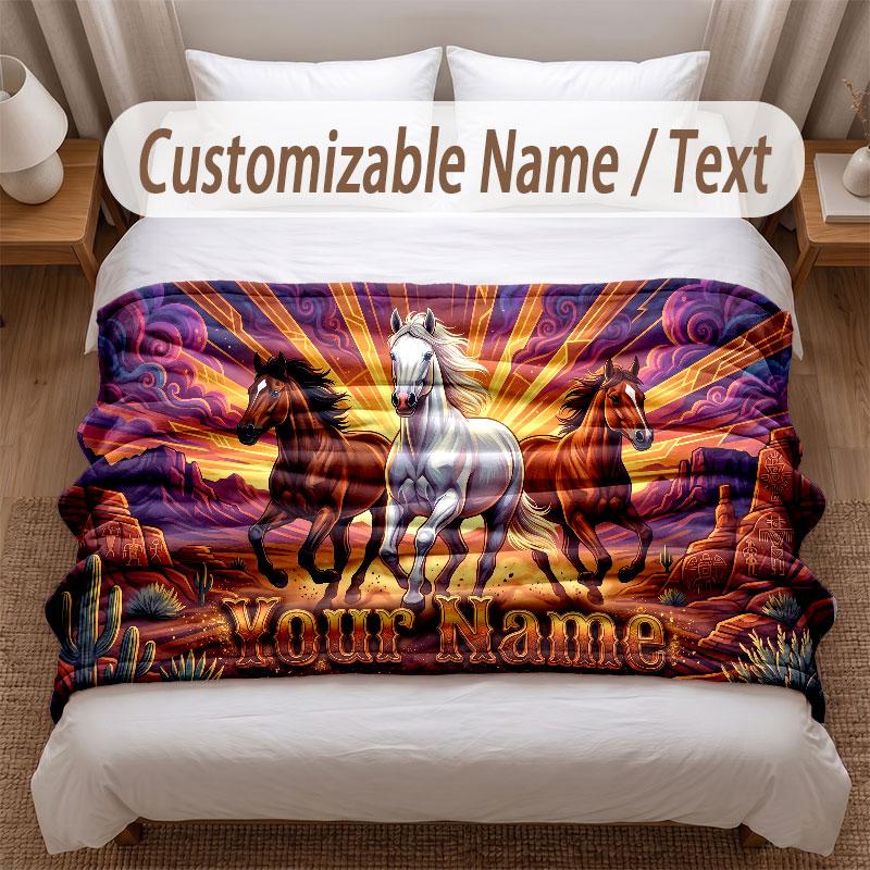Coperta Morbida a Tema Cavallo Personalizzata con Nome Testo Stampato Coperta Calda Decorazione Divano Casa Camera da Letto