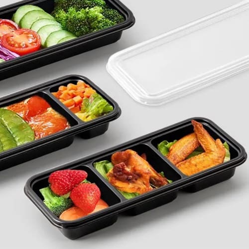 MiniMood Disposable Lunch Boxes, 3-Pack, 600ml, 50-Piece Set, Black, with Clear Lids, Microwave-Safe, for Lunch Delivery, Dishware, and Storage (22x9.