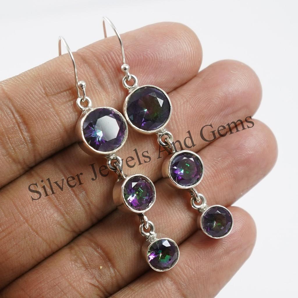 Rainbow Mystic Topaz Earrings, 925 Sterling Silver Handmade Earrings, Round Topaz Drop Earrings, Birthday Gift, Multi Stone Earrings