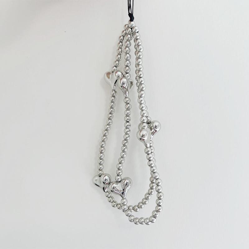 Ins Y2K Silver Love Heart Bowknot Phone Charm Strap Bead Pendant For Phone Accessories Hanging Rope Girl Jewelry
