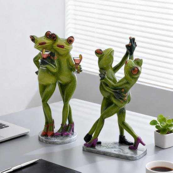 Waltzing Couple Frog Figurine Dancing Drinking Frog Statue Resin Animal Sculpture Home Office Indoor