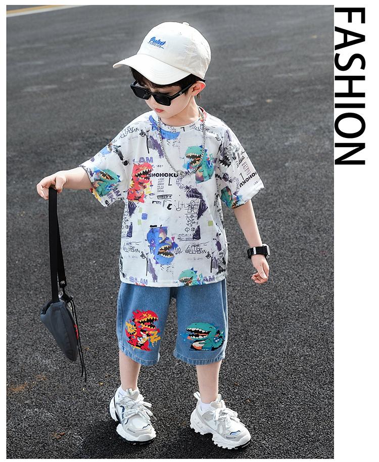 Boys' Summer Set 2026 New Style Rascal Trendy Children's Dinosaur Short sleeved T-shirt Men's Treasure Summer Half sleeved Clothes