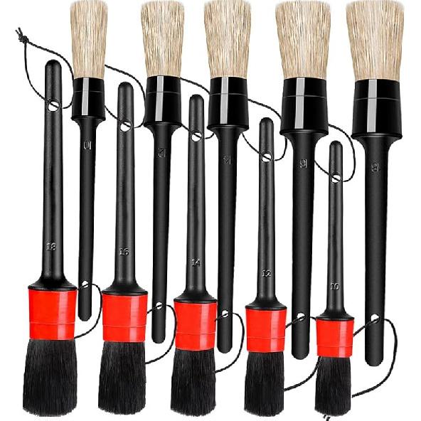 Detailing Brush Set - 10 Pcs Detail Brushes Car Detailing, Auto Boar Hair Car Detailing Kit For Cleaning Interior Exterior - Vehicles Wheels Leather Car Detail Brushes Black+