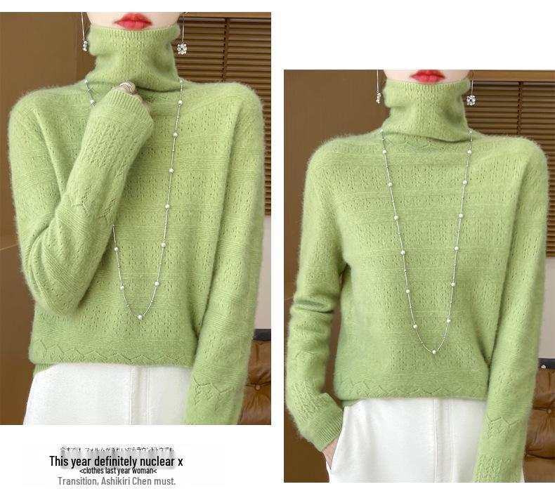 Women's Pure Wool Mock Neck Sweater - Seamless Hollow Knitwear for Autumn/Winter