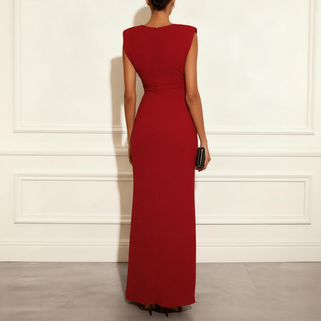 Women’s V Neck Sleeveless Maxi Dress Waist Cinched Slit Party Gown Evening Formal Dress Elegant Long Dress for Special Occasions