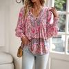 2025 Autumn, Bohemian Vacation Style, Printed, Lace Up, Long Sleeved Top, Women's Shirt, Casual Wear, Comfortable Top