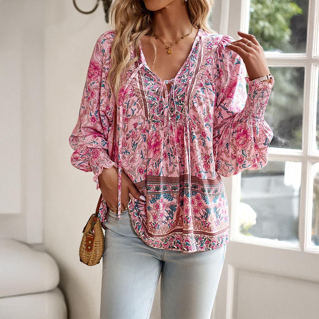 2025 Autumn, Bohemian Vacation Style, Printed, Lace Up, Long Sleeved Top, Women's Shirt, Casual Wear, Comfortable Top