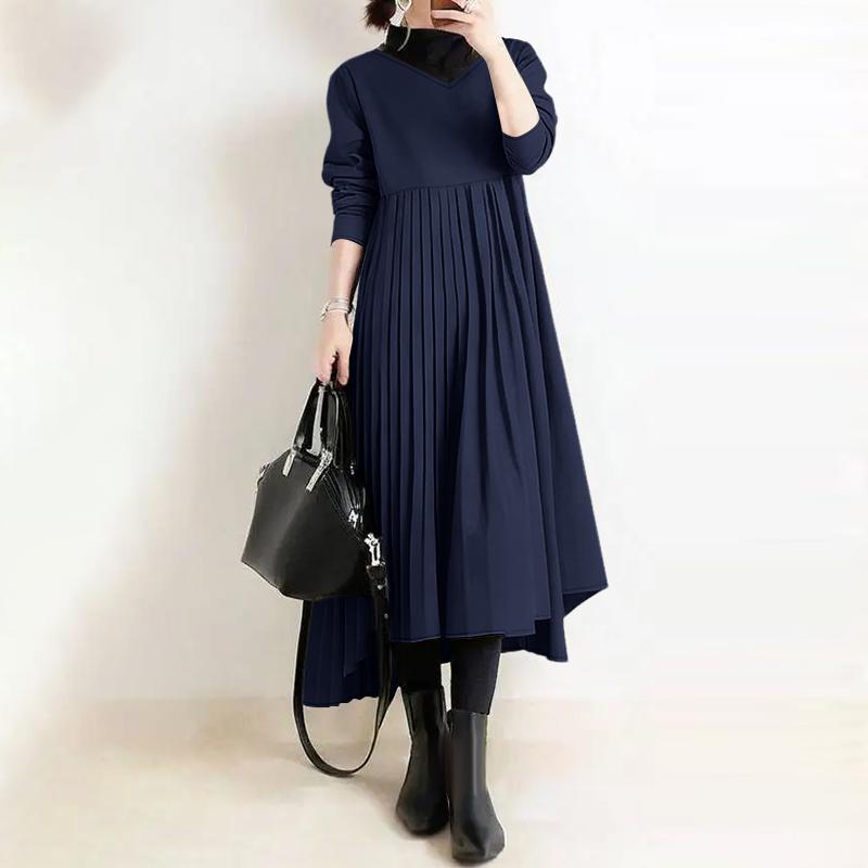 ZANZEA Women Casual V-Neck Solid Color Long Sleeve Loose Dress