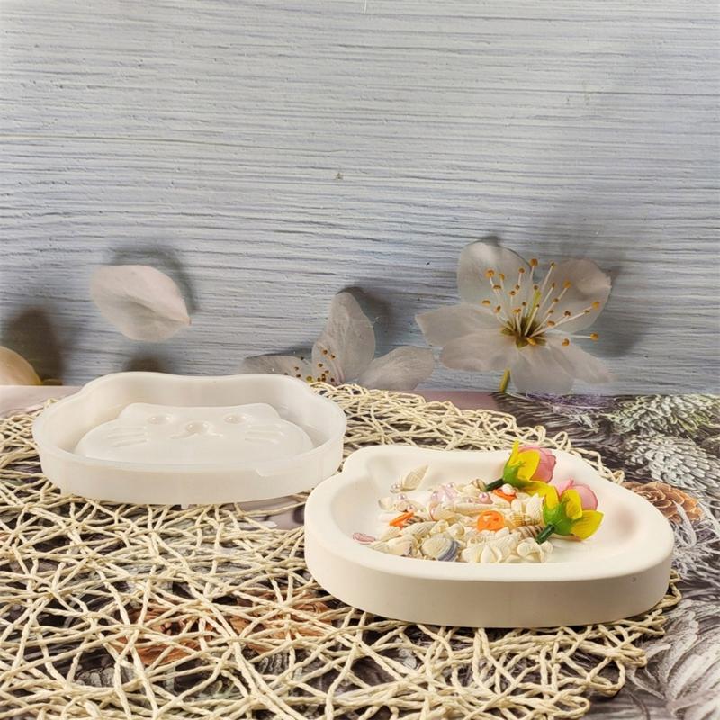 Cats Shaped Tray Mold Silicone 15.9x13.3x2.2cm White Flexible for Crafting Enthusiasts Jewelry Storage Plate Mould