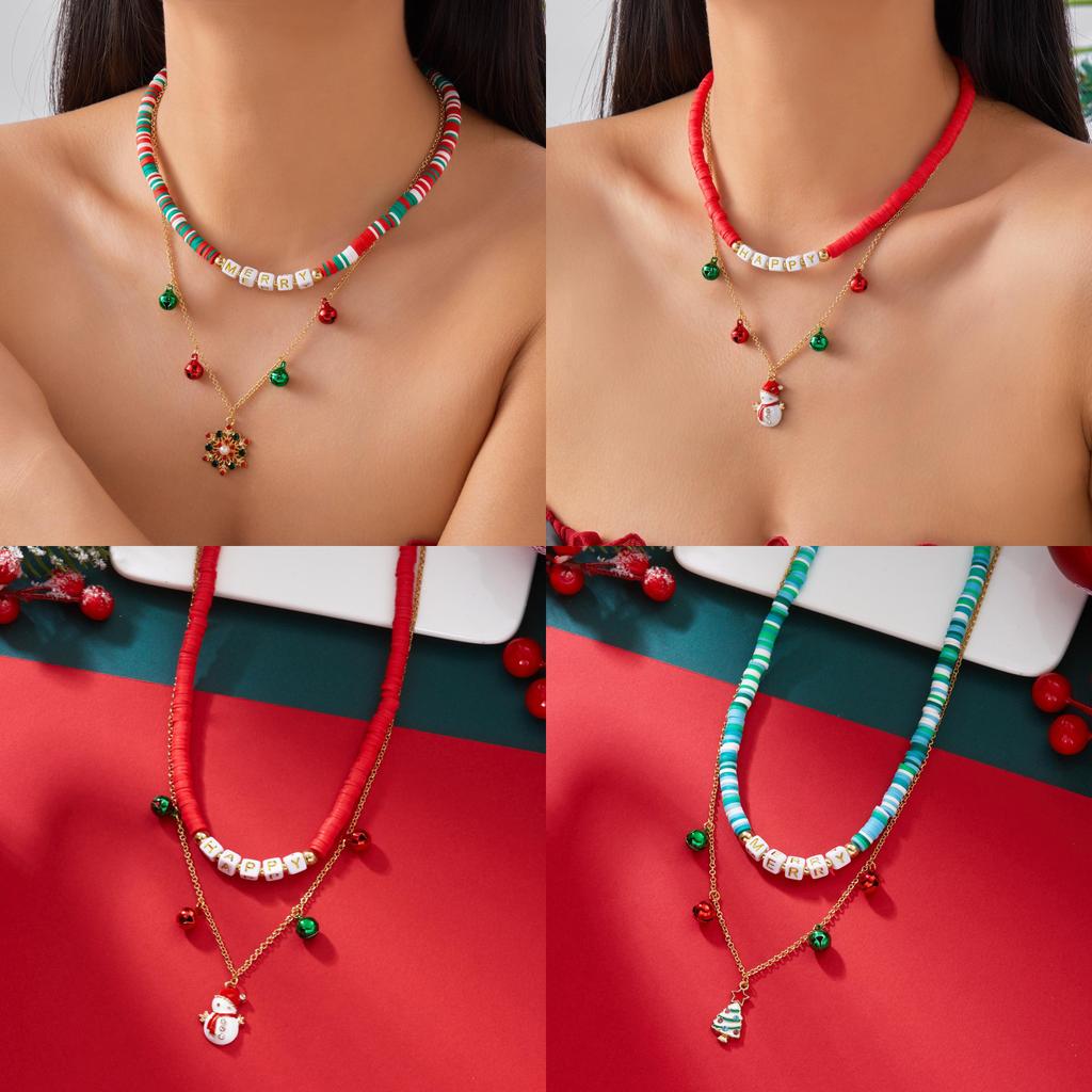 Christmas Alloy Pendant Necklace With Santa Bell And Snowflake For Holiday Party Accessory
