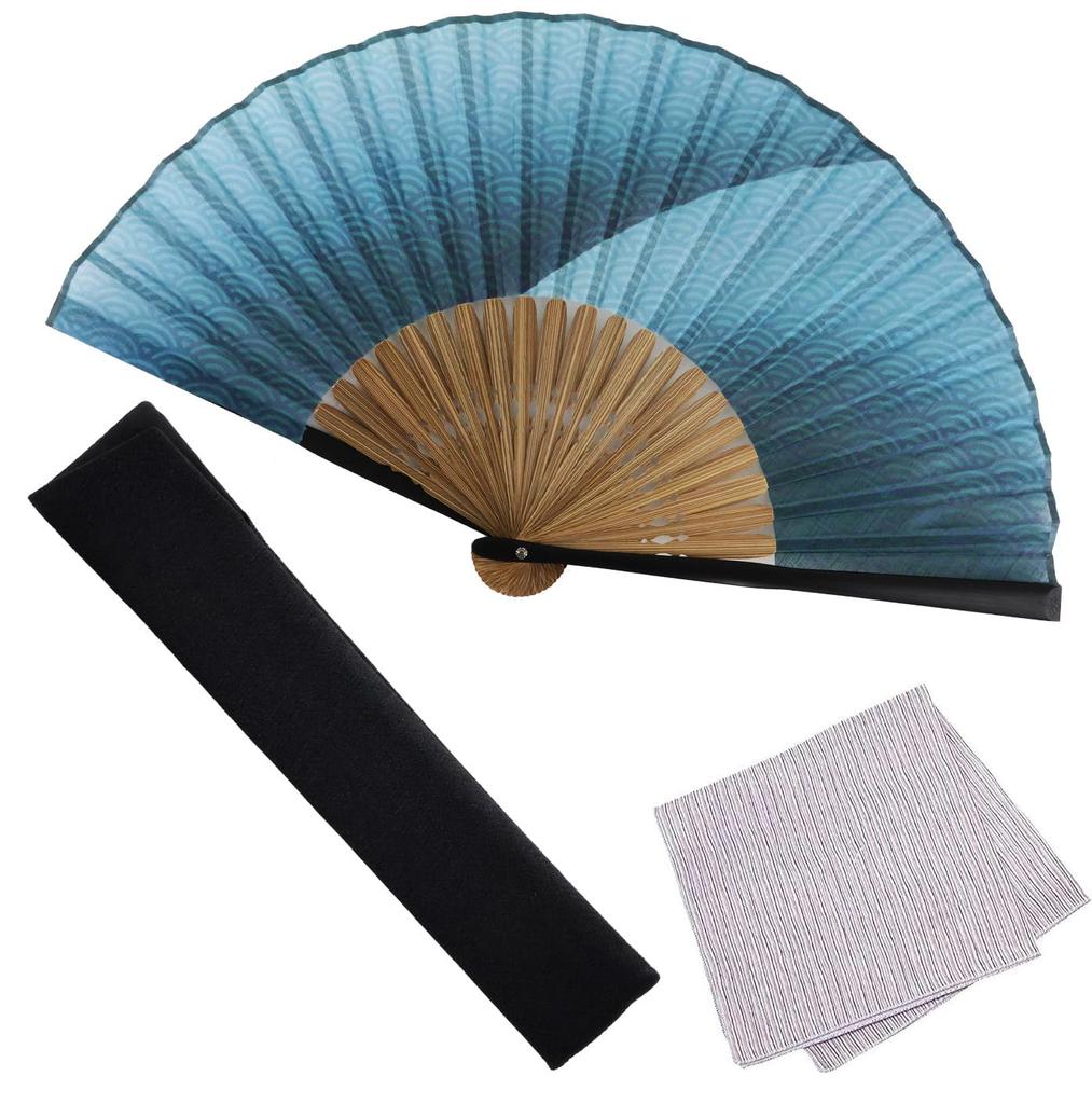 Folding Stylish Business Folding Fan Folding Fan and Handkerchief Seigaiha Gradation [Osaka Choseido] Men's Fan, Style, Bag, Case, Set, (Blue-Green)